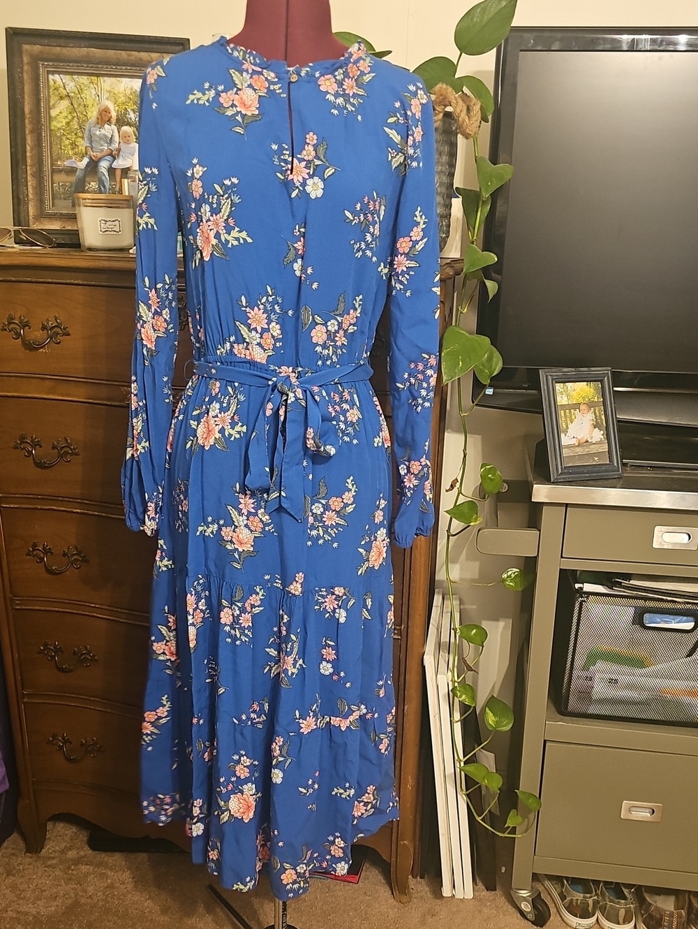 LOFT Blue Floral Button-Front Long Sleeve Tie-Waist Midi Dress